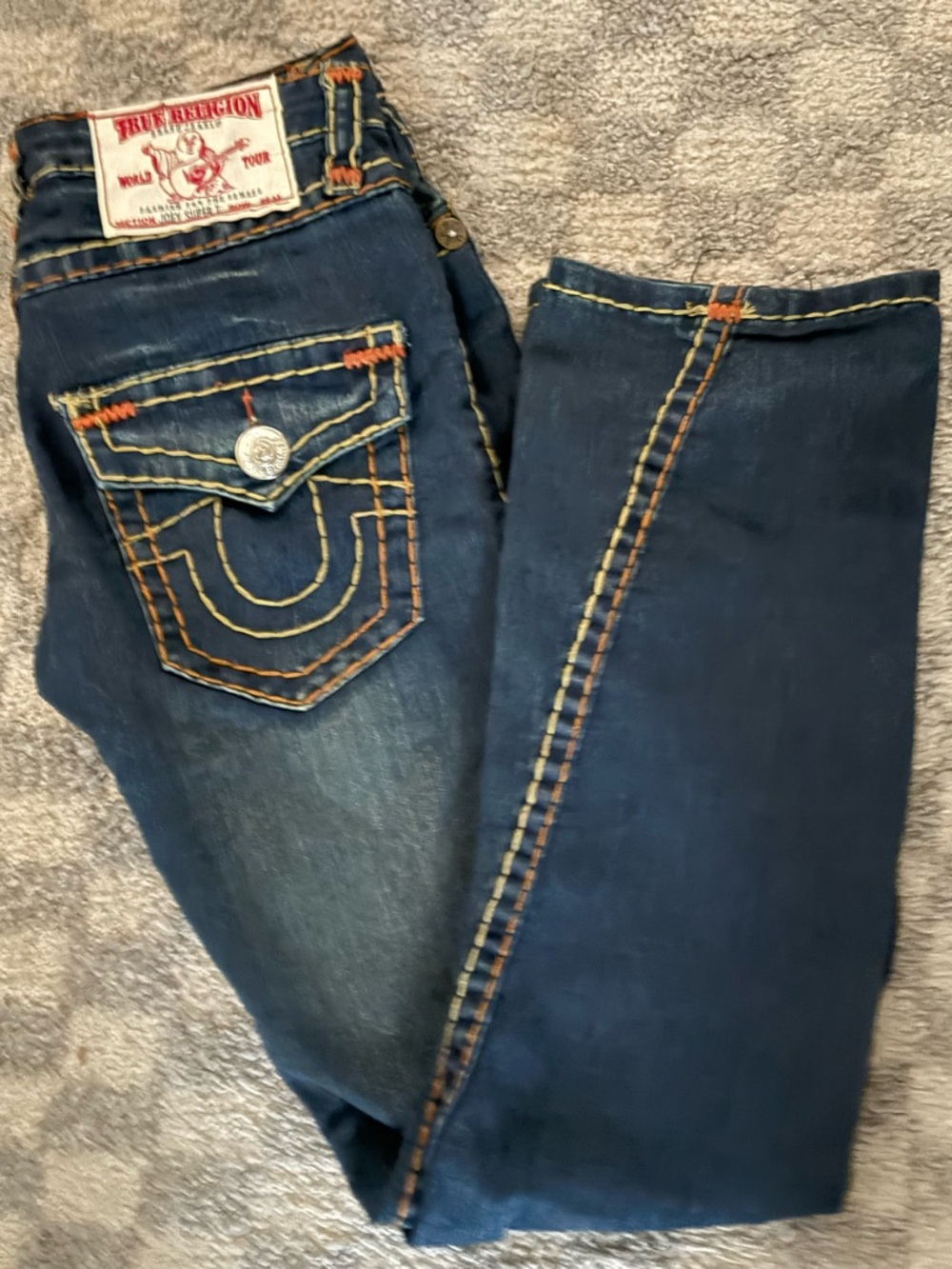 True Religion Indigo Jeans with Contrast Gold & Orange Stitching Joey Super T
